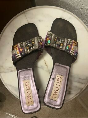Two Lips Brown Beaded Embellished Slide Mules. 10